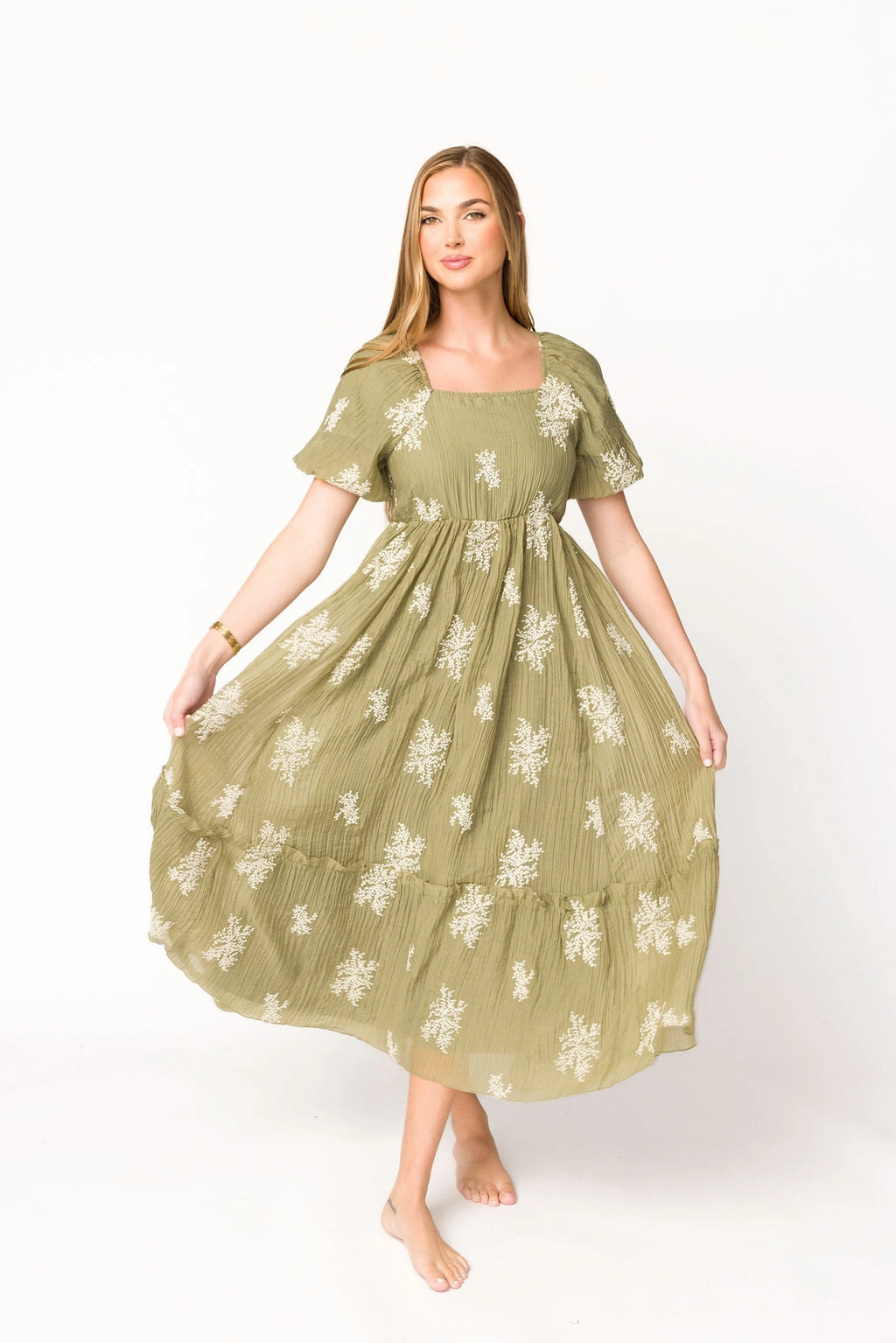 Hallie Embroidered Maxi Dress in Olive - Bump Friendly & Inclusive Sizing (S-3XL) *Final-Sale* Non-Iron