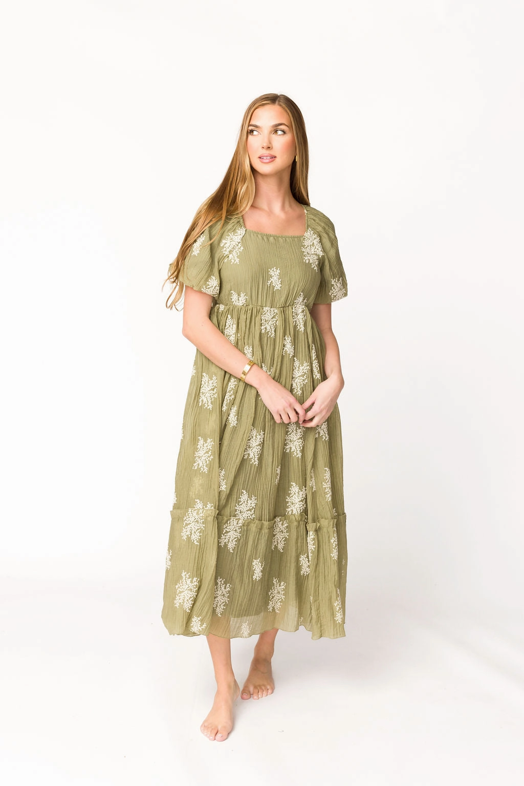 Comfy and Chic Invisible-Zip Hallie Embroidered Maxi Dress in Olive - Bump Friendly & Inclusive Sizing (S-3XL) *Final-Sale*