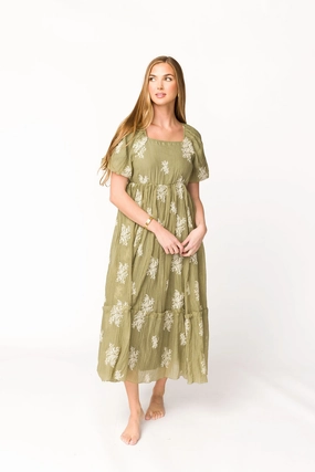 Comfy and Chic Invisible-Zip Hallie Embroidered Maxi Dress in Olive - Bump Friendly & Inclusive Sizing (S-3XL) *Final-Sale*