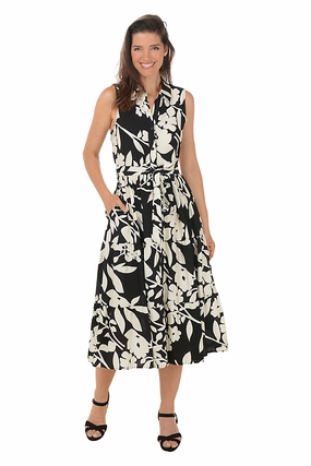 Monochrome Floral Sleeveless Button-Front Dress Fashionable appearance