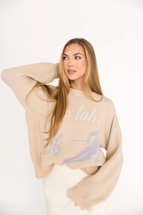 Compact Stitching Lake Tahoe Ski Graphic Oversized Sweater in Beige
