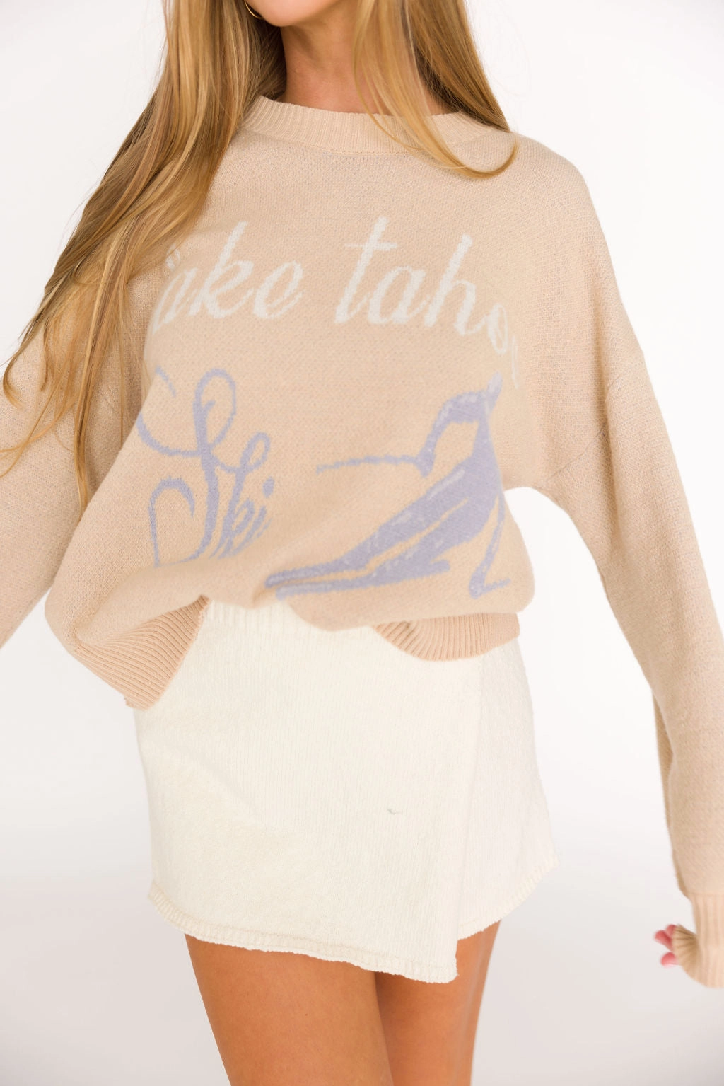 AntiSlipGrip Lake Tahoe Ski Graphic Oversized Sweater in Beige