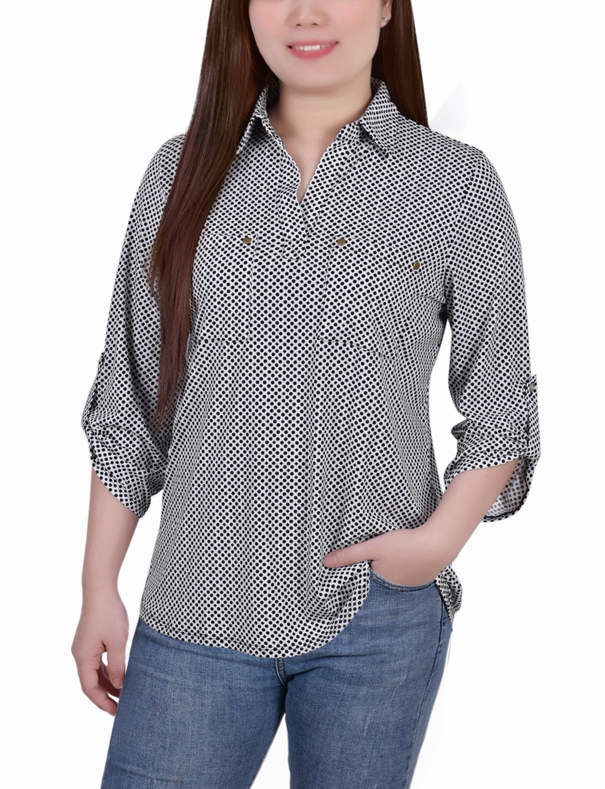 3/4 Roll Tab Sleeve Studded Y Neck Top Sporty Sweatshirt Soft Knit