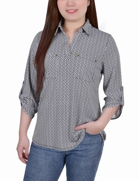 3/4 Roll Tab Sleeve Studded Y Neck Top Sporty Sweatshirt Soft Knit