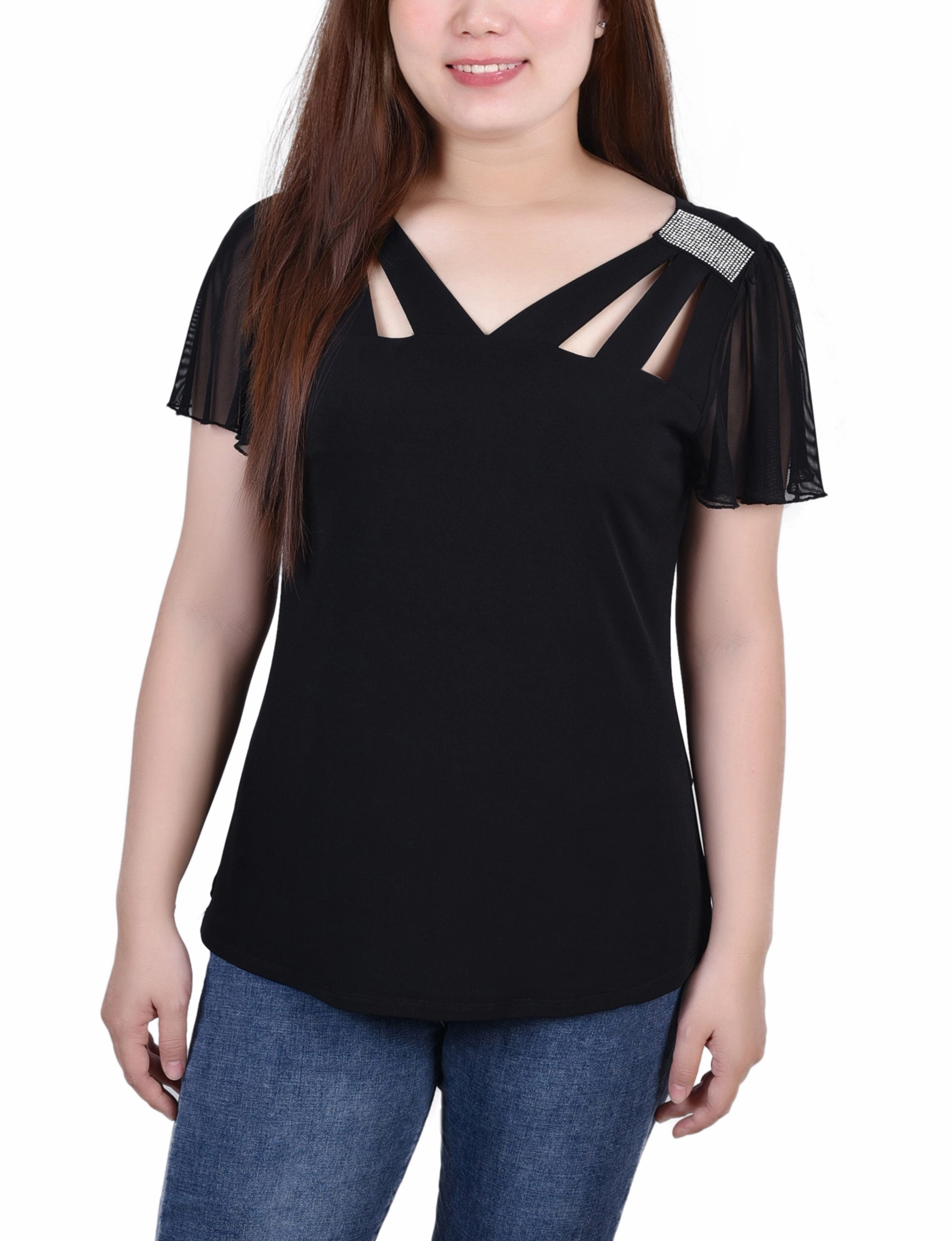Short Flutter Sleeve Top With Cutouts and Stones Soft Touch