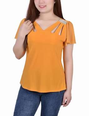 Short Flutter Sleeve Top With Cutouts and Stones Cozy Sweater WaterRepellent Finish