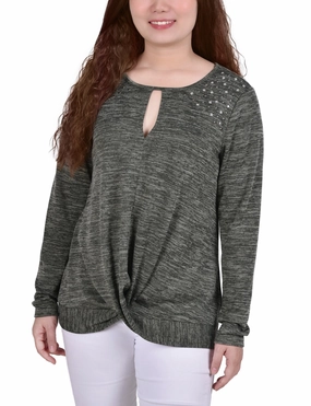 Long Sleeve Knit Keyhole Top With Studs ZonalVentilation SeamlessConstruction