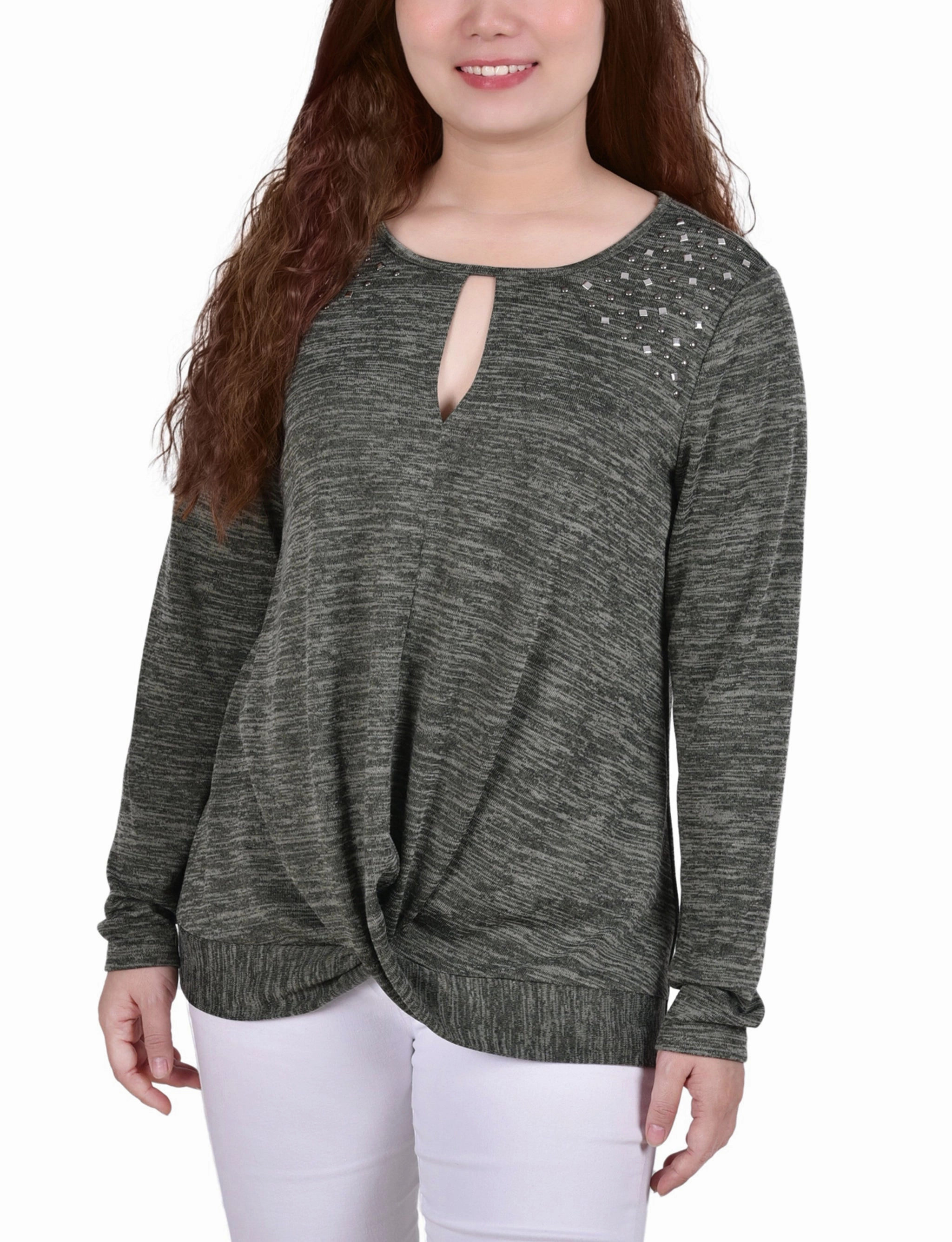 Quick Release Buttons Long Sleeve Knit Keyhole Top With Studs