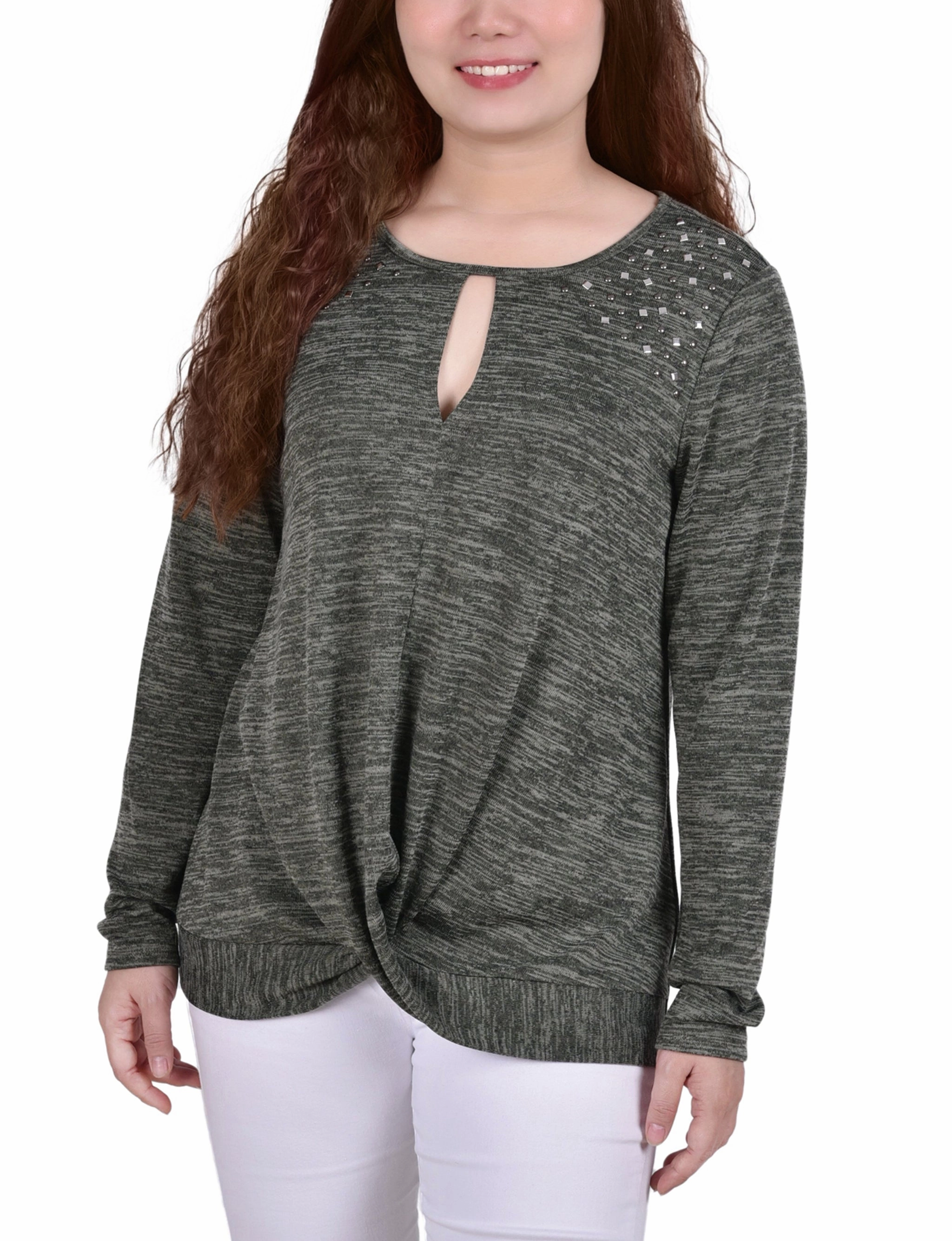 DoubleLayered Reinforced Stress Points Long Sleeve Knit Keyhole Top With Studs
