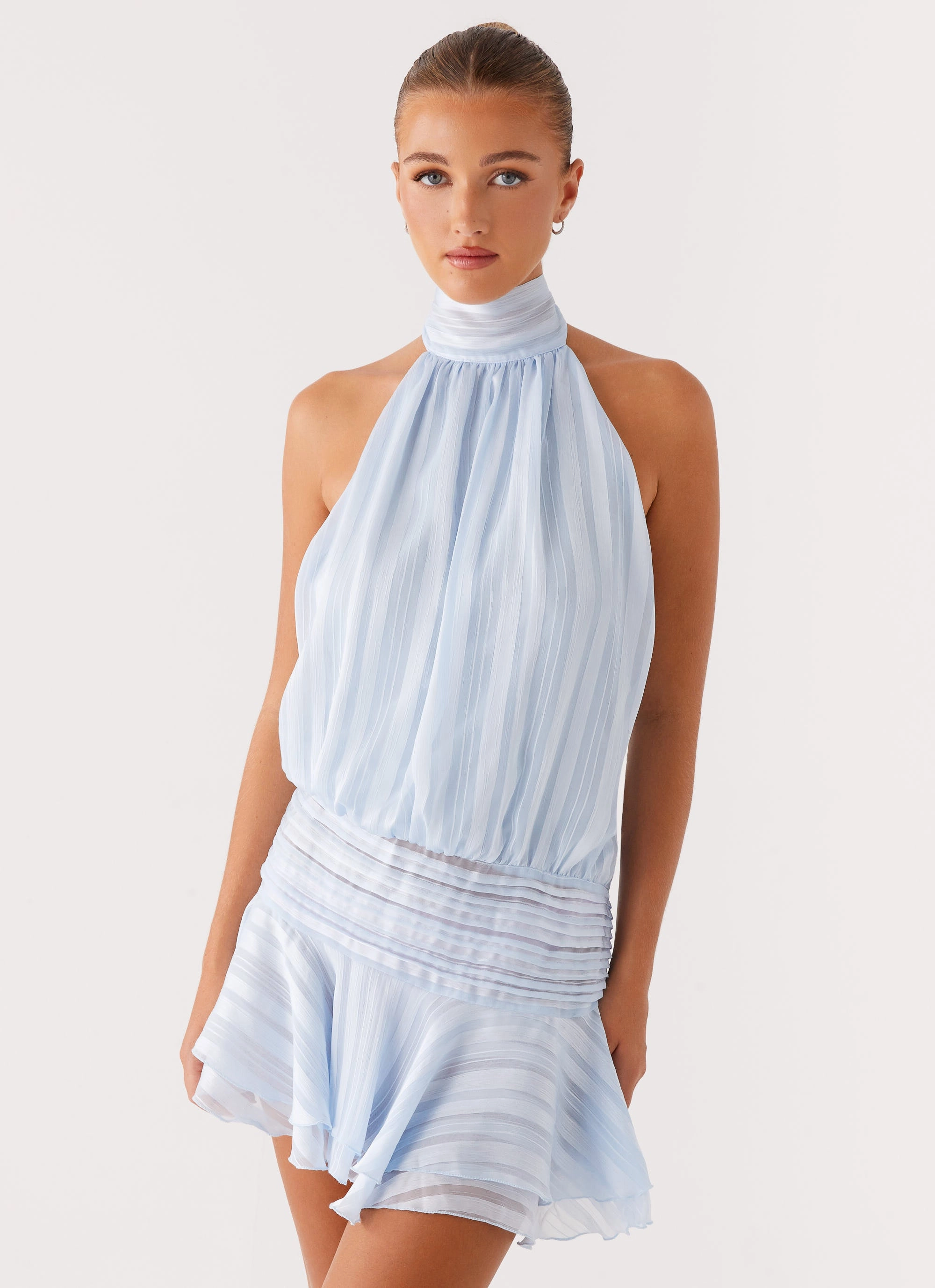 Willow Chiffon Mini Dress - Blue Belt Waist