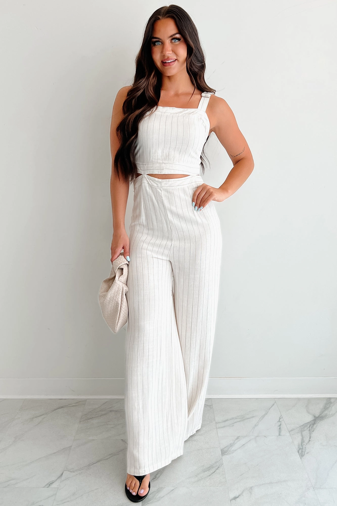 Days Like This Striped Cut-Out Jumpsuit (Oatmeal) Circular Knit Technique Lightweight Weave