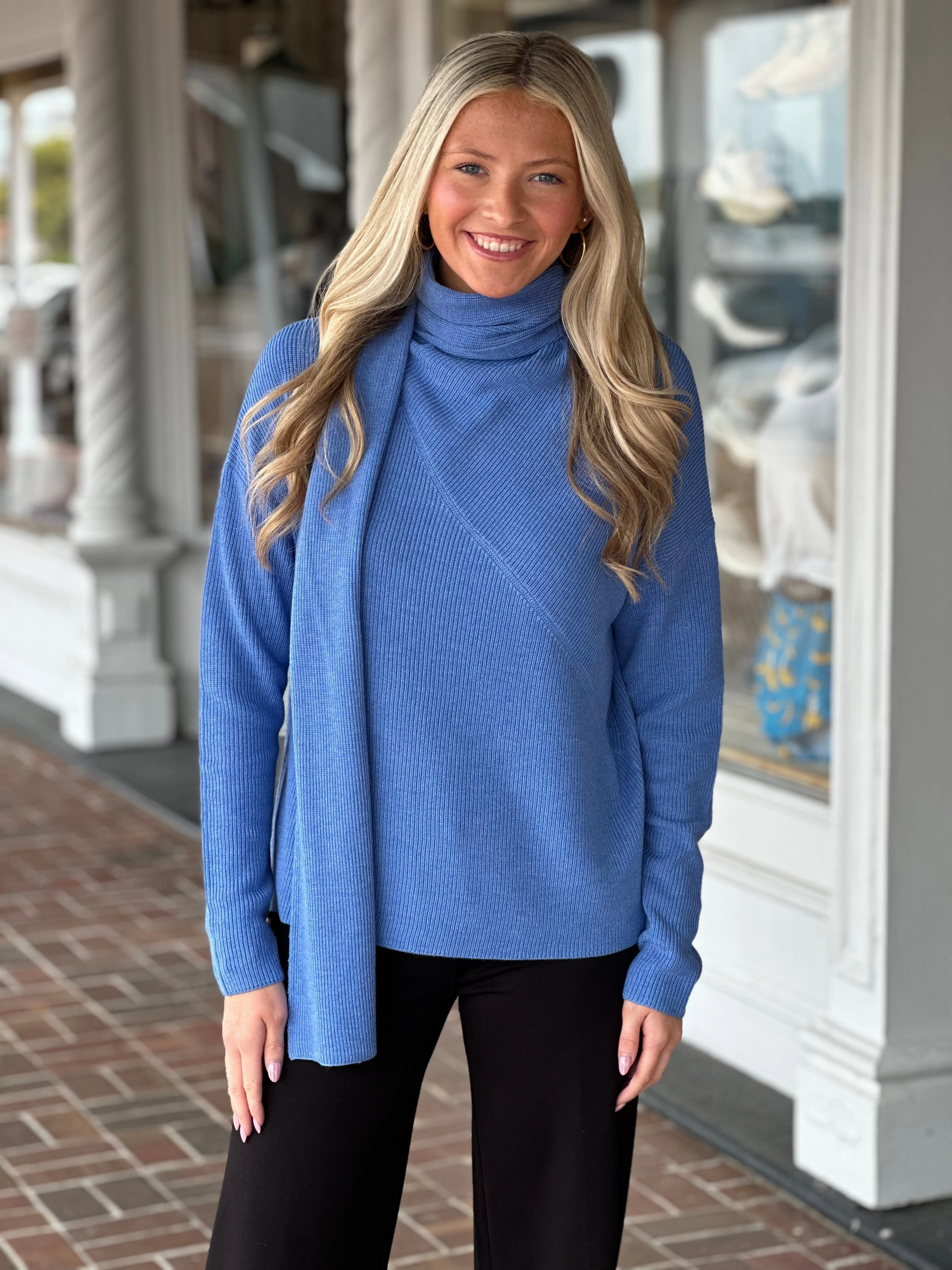 FlexibleWaistband Ultraviolet Protection Fabric Elliott Lauren Long Sleeve Cable Knit Blue Sweater