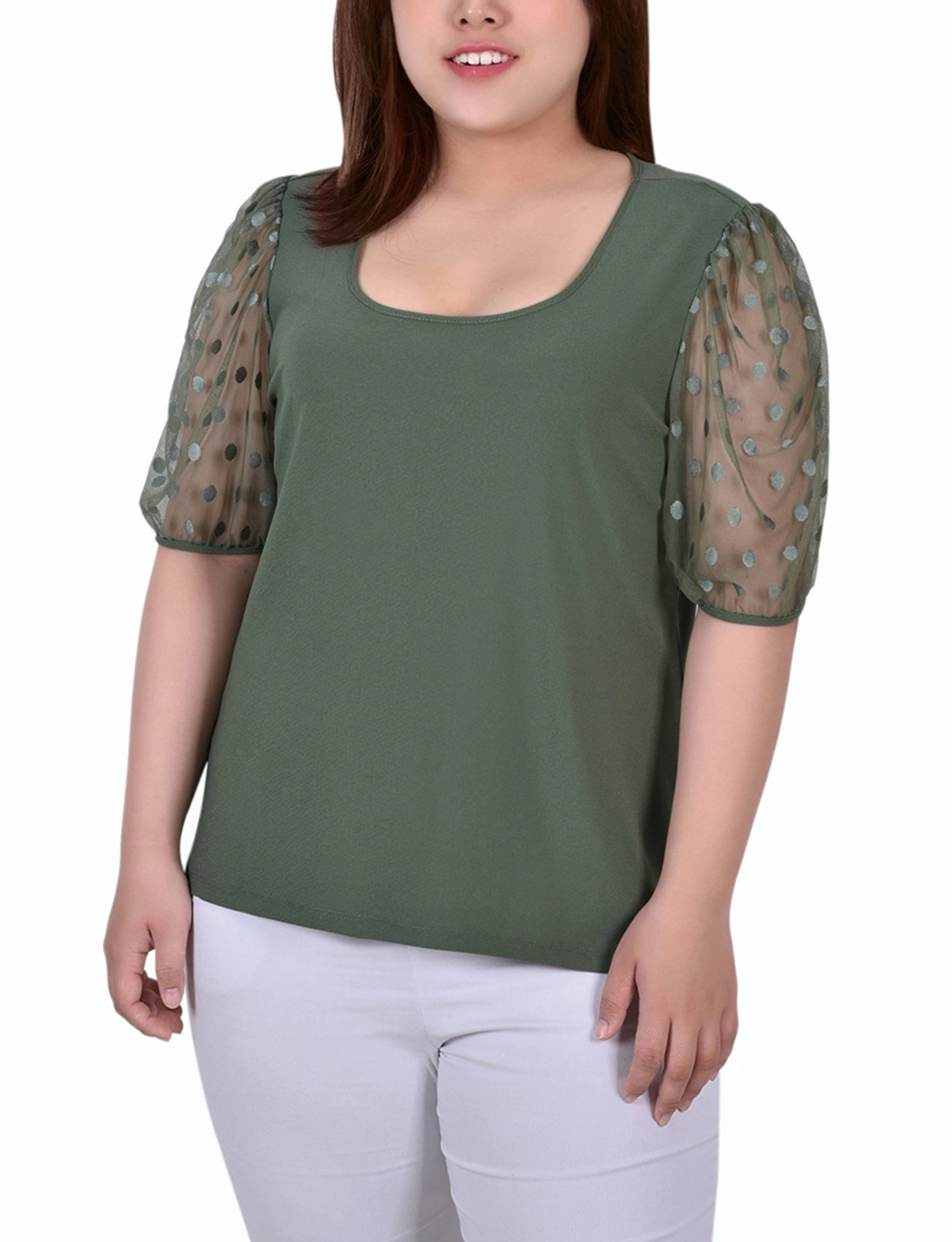 NonIrritatingTags Plus Size Elbow Sleeve Crepe Top With Mesh Dotted Sleeves
