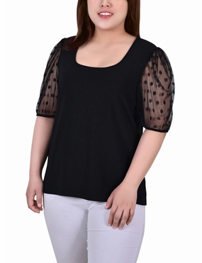 Sustainable Material Blend BreathableFabricTech Plus Size Elbow Sleeve Crepe Top With Mesh Dotted Sleeves