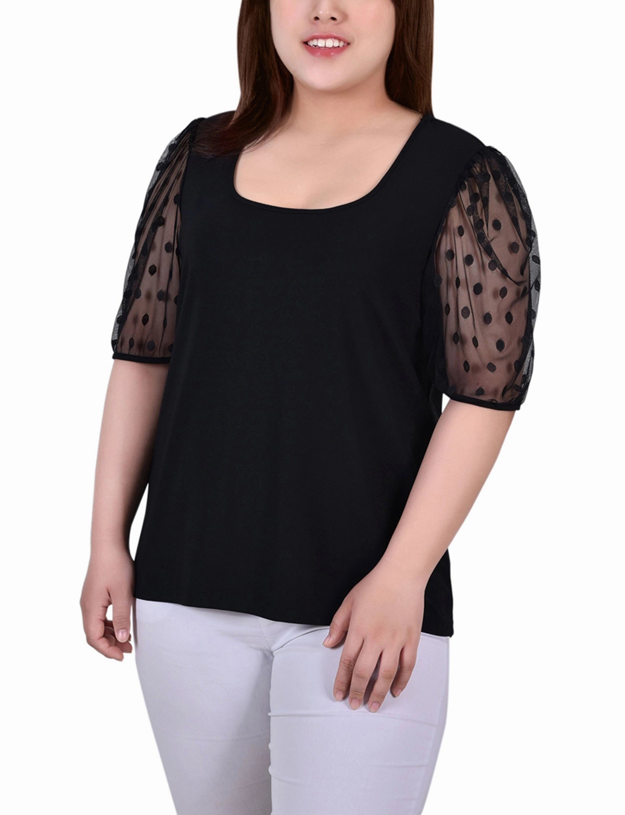 Sustainable Material Blend BreathableFabricTech Plus Size Elbow Sleeve Crepe Top With Mesh Dotted Sleeves