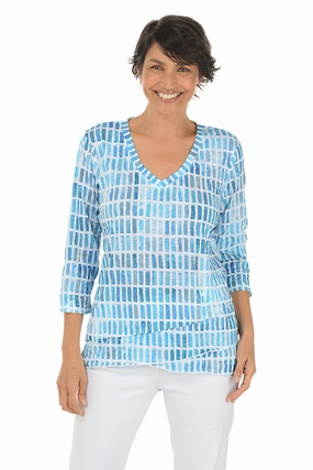 Turquoise Gradient Criss Cross Tunic OEKOTEX Certified Fabric Button Down Collar Style