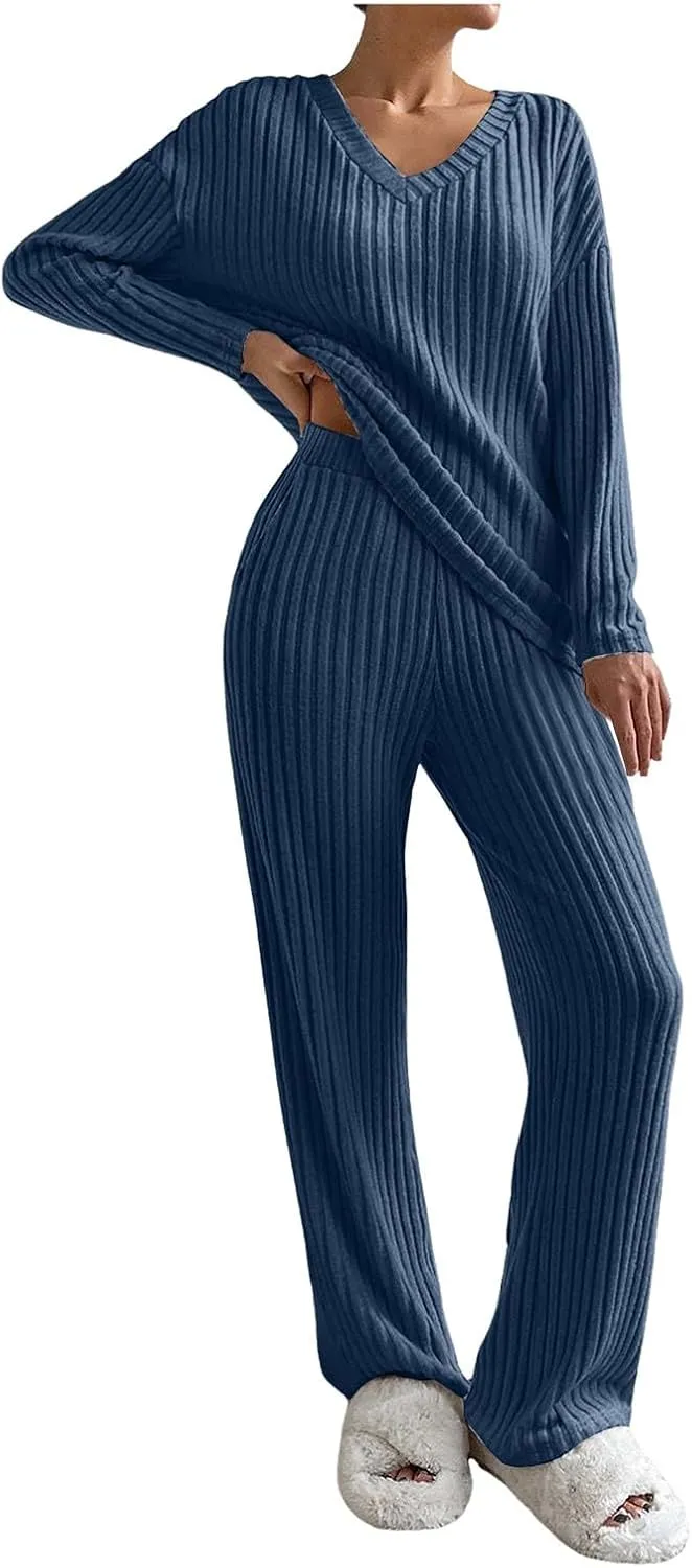 cooki Womens Pajama Sets 2 Piece Plus Size Ribbed Knit Long Sleeve Tops and Pants Sleepwear Lounge Set Loose Fit Pjs Set