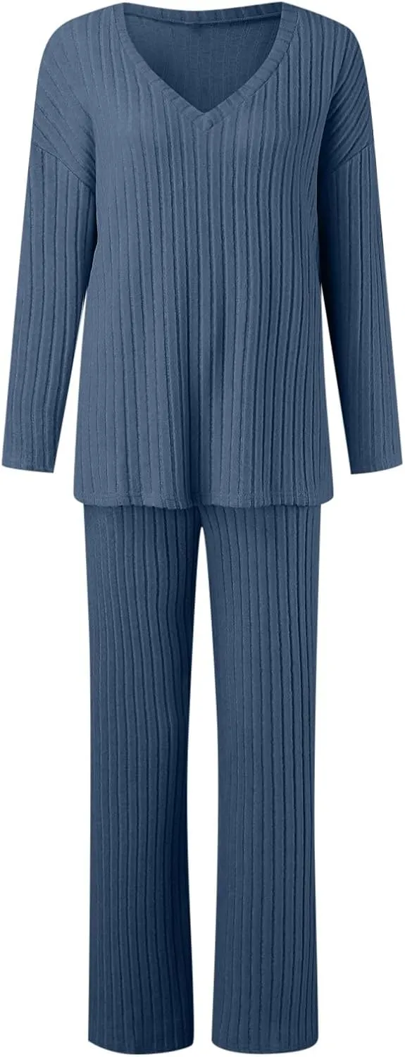 cooki Womens Pajama Sets 2 Piece Plus Size Ribbed Knit Long Sleeve Tops and Pants Sleepwear Lounge Set Loose Fit Pjs Set