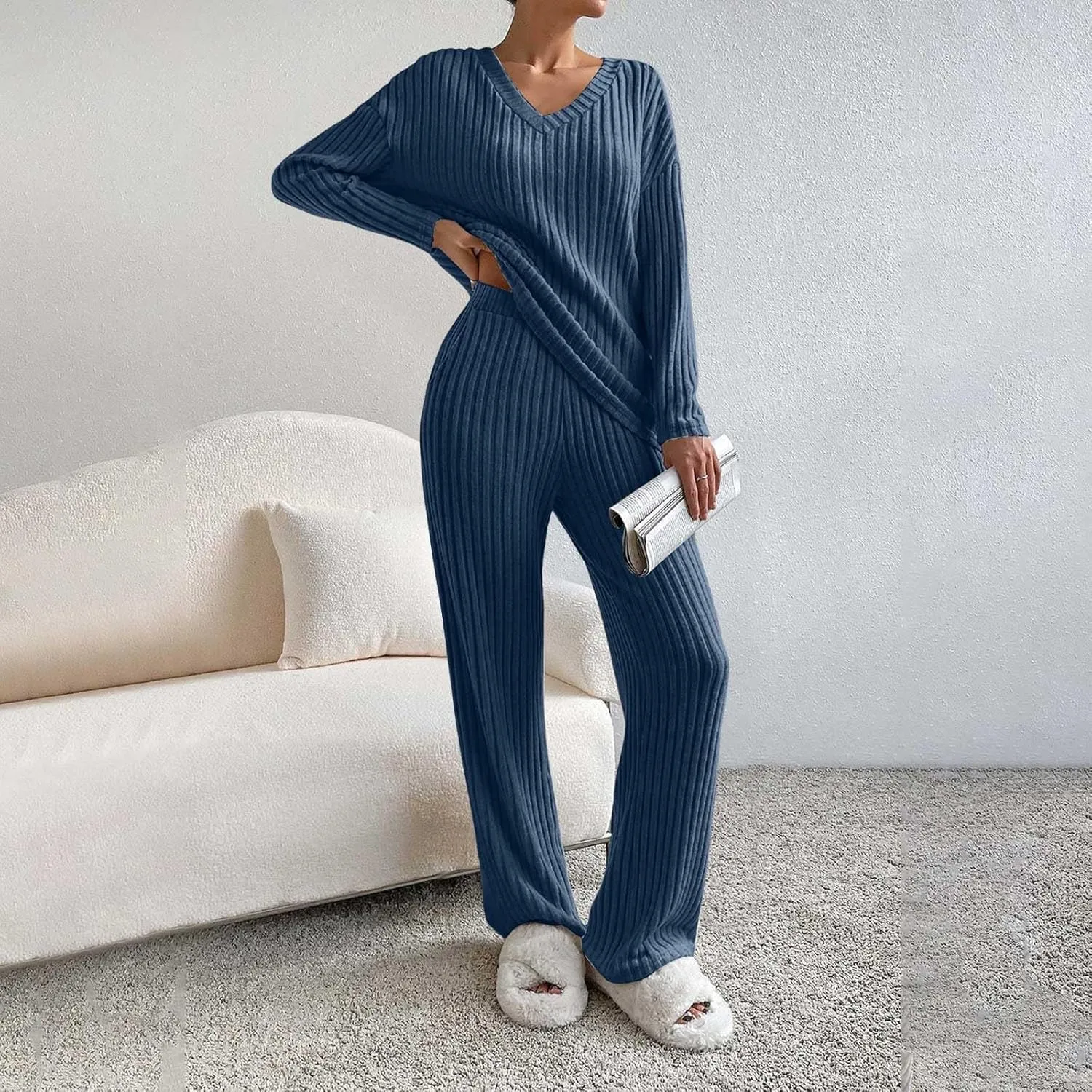 cooki Womens Pajama Sets 2 Piece Plus Size Ribbed Knit Long Sleeve Tops and Pants Sleepwear Lounge Set Loose Fit Pjs Set