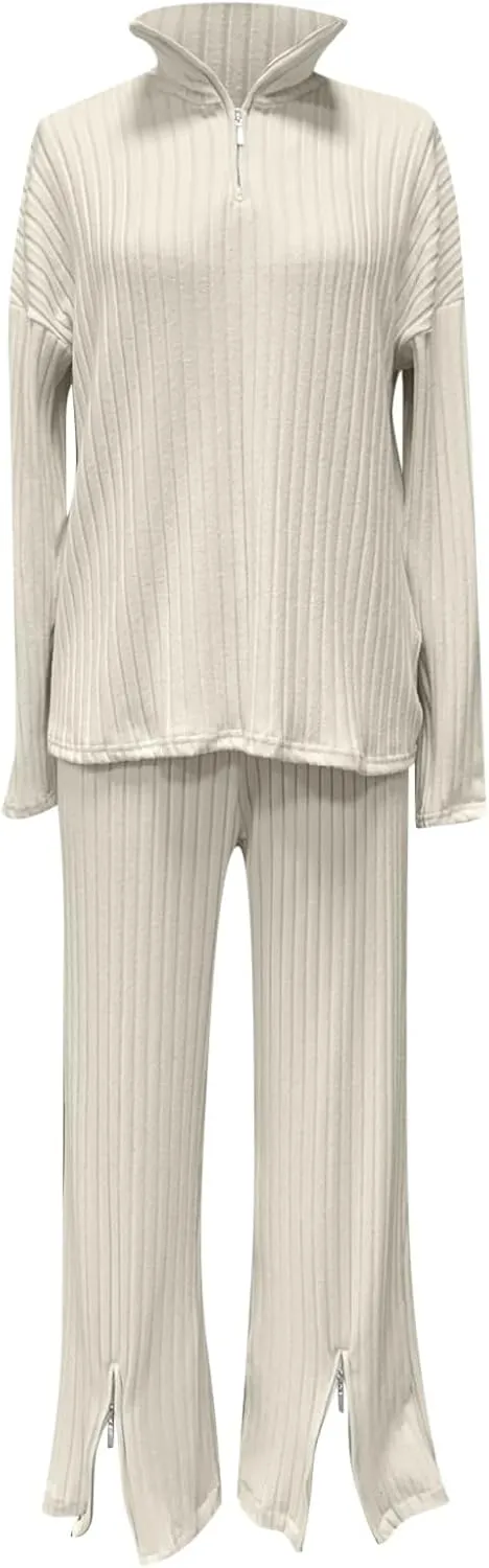 cooki Womens Pajama Sets 2 Piece Ribbed Knit Long Sleeve Tops and Pants Sleepwear Lounge Set Loose Fit Pjs Set Plus Size