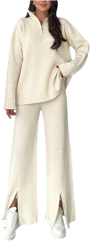 cooki Womens Pajama Sets 2 Piece Ribbed Knit Long Sleeve Tops and Pants Sleepwear Lounge Set Loose Fit Pjs Set Plus Size