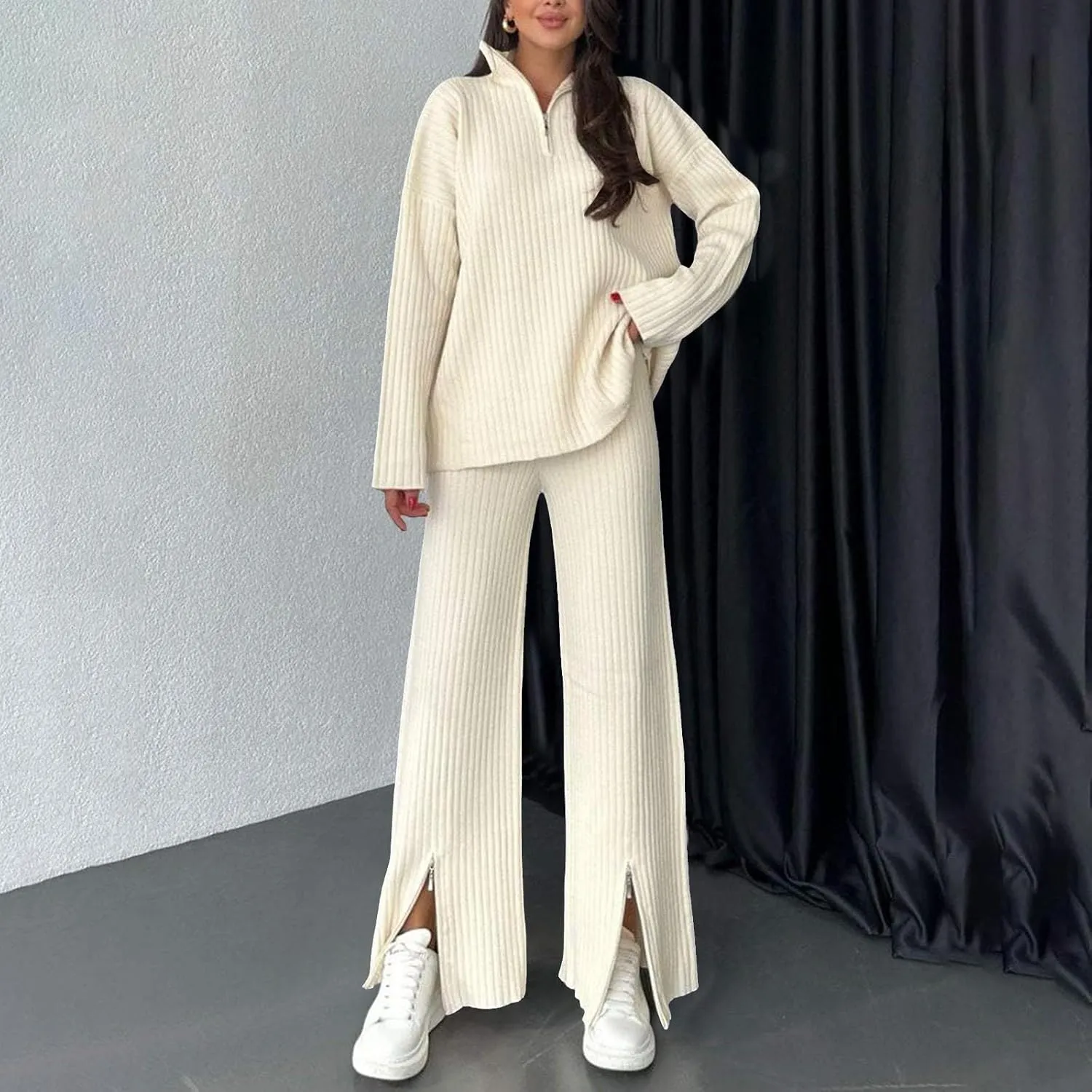 cooki Womens Pajama Sets 2 Piece Ribbed Knit Long Sleeve Tops and Pants Sleepwear Lounge Set Loose Fit Pjs Set Plus Size