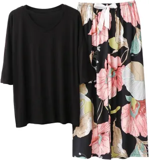 cooki Women's Pajama Sets Lounge Sets for Women Pajamas for Women 2 Piece Short Sleeve Top and Floral Print Pants Sleepwear