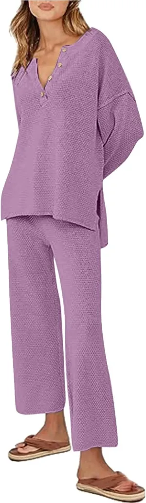 cooki Women's Pajama Sets Women 2 Piece Outfits Oversized Knit Loungewear Slouchy Sweater Set Trendy Matching Lounge Sets