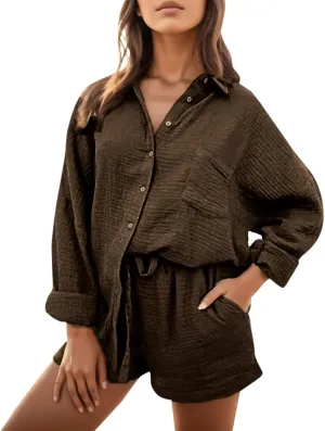 cooki Women's Pajama Sets Womens 2 Piece Lounge Sets Ribbed Knit Button Up Top and Drawstring Shorts Sleepwear Loungewear Set