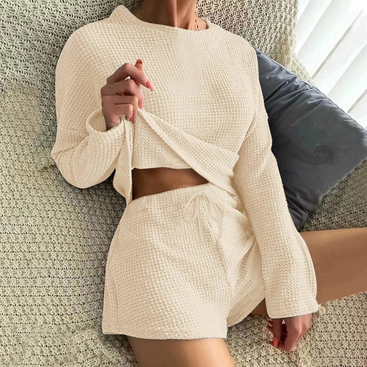 cooki Women's Pajama Sets Womens 2 Piece Lounge Sets Ribbed Knit Long Sleeve Pullover Top and Shorts Sleepwear Loungewear Set