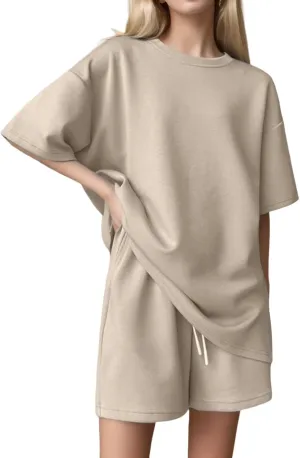 cooki Women's Pajama Sets Womens 2 Piece Lounge Sets Ribbed Knit Short Sleeve Pullover Top and Shorts Loose Sleepwear Set