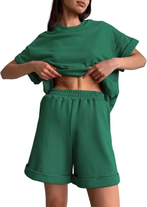 cooki Women's Pajama Sets Womens 2 Piece Lounge Sets Ribbed Knit Short Sleeve Pullover Top and Shorts Sleepwear Loungewear
