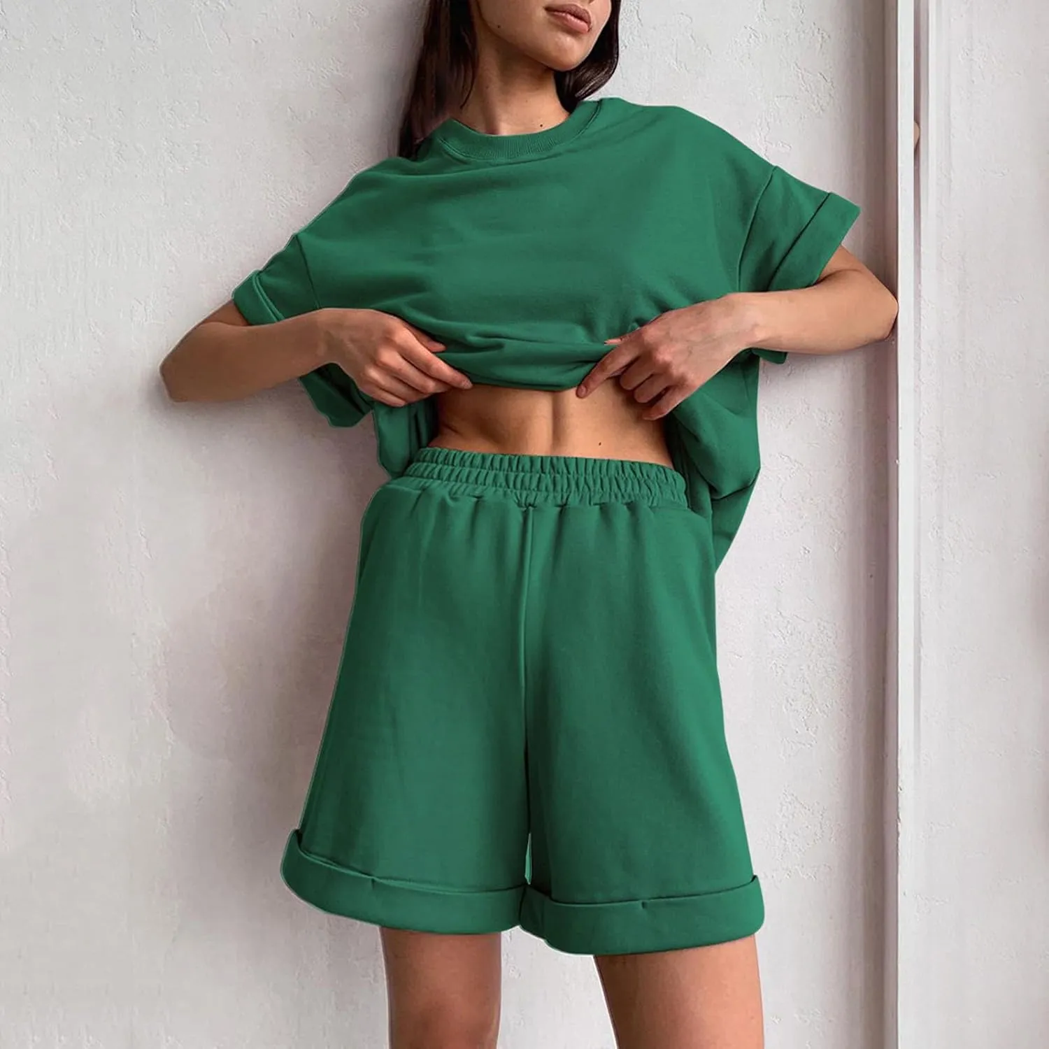 cooki Women's Pajama Sets Womens 2 Piece Lounge Sets Ribbed Knit Short Sleeve Pullover Top and Shorts Sleepwear Loungewear