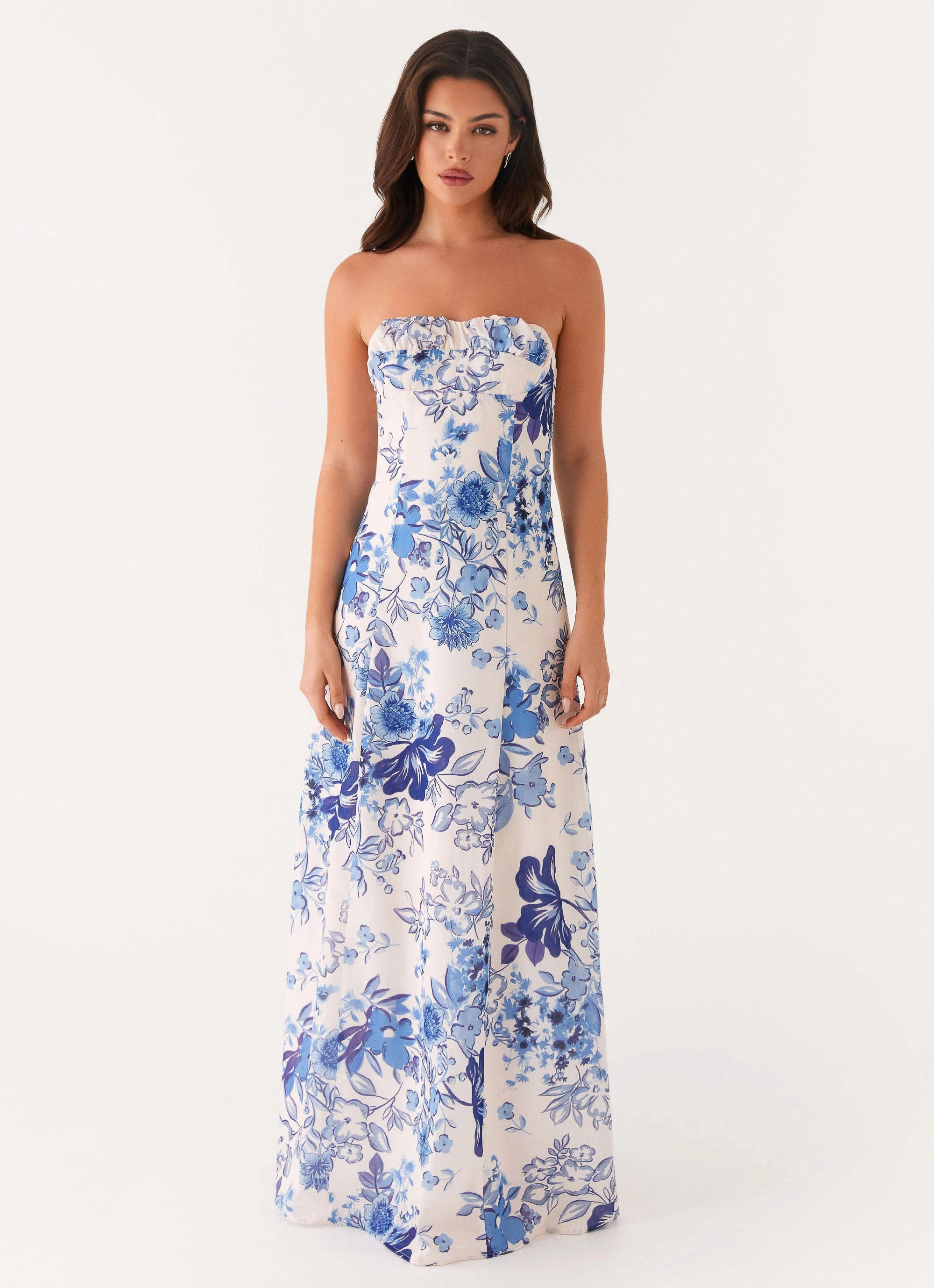 Tayla Linen Maxi Dress - Serene Sky Floral Bold Pattern