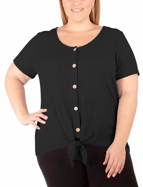 Loose Tee BondedSeamTechnology Plus Size Short Sleeve Button Front Top With Tie At Hem