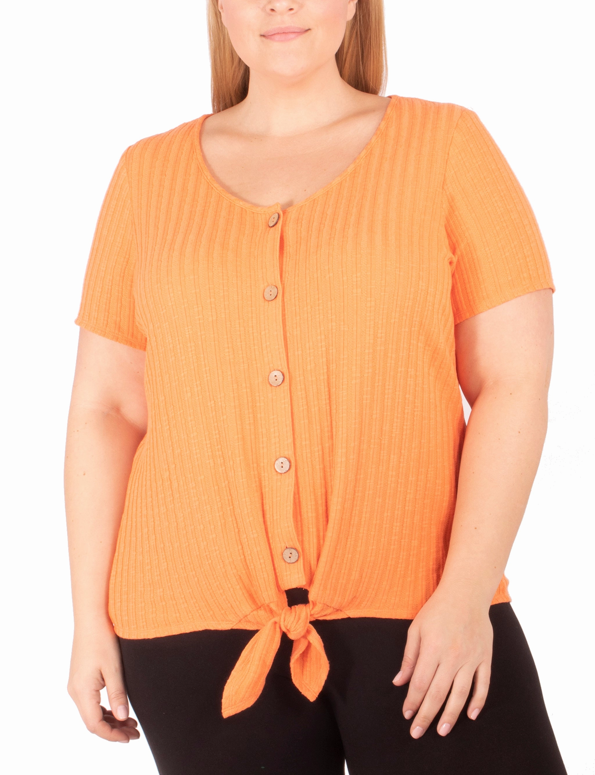 Modular Pocket Layout Convertible Collar Plus Size Short Sleeve Button Front Top With Tie At Hem
