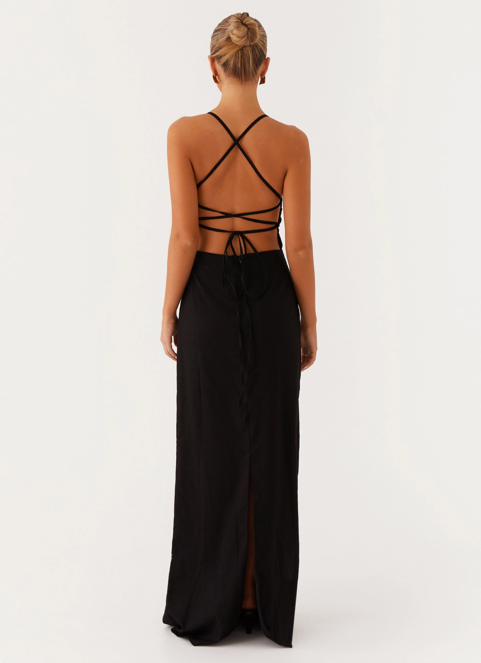 Cora Backless Maxi Dress - Black Embroidered Fabric