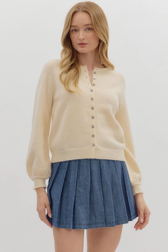 Coraline Soft Cardigan Sweater in Cream Tencel Lyocell Fiber Reinforced Neckline