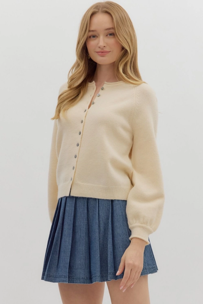 Coraline Soft Cardigan Sweater in Cream SlubTexture Smooth Stitching