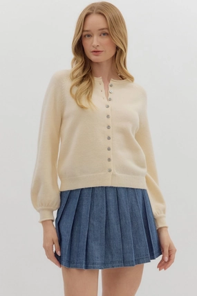 Coraline Soft Cardigan Sweater in Cream Tencel Lyocell Fiber Reinforced Neckline