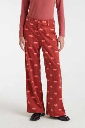 Hidden pockets Corduroy Pants in Lips Print