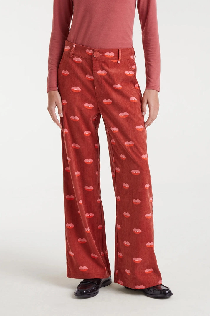 Hidden pockets Corduroy Pants in Lips Print