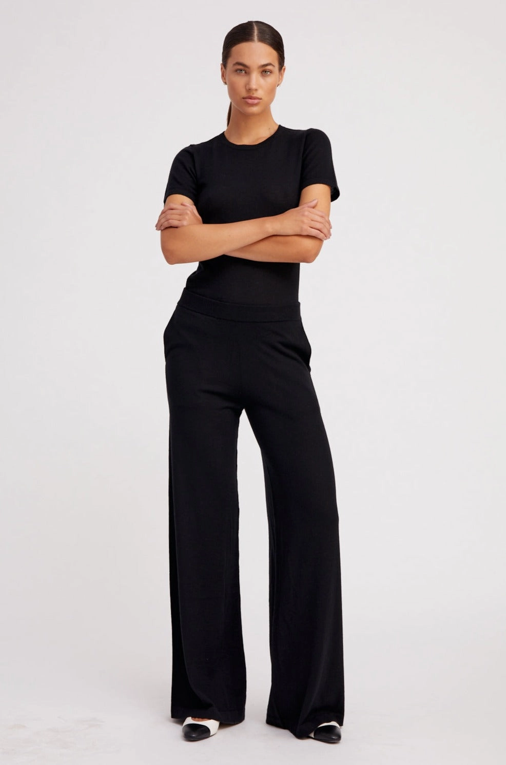 Black Ultra Fine Cashmere Wide Leg Pants Quick Dry Technology Polyester fabric