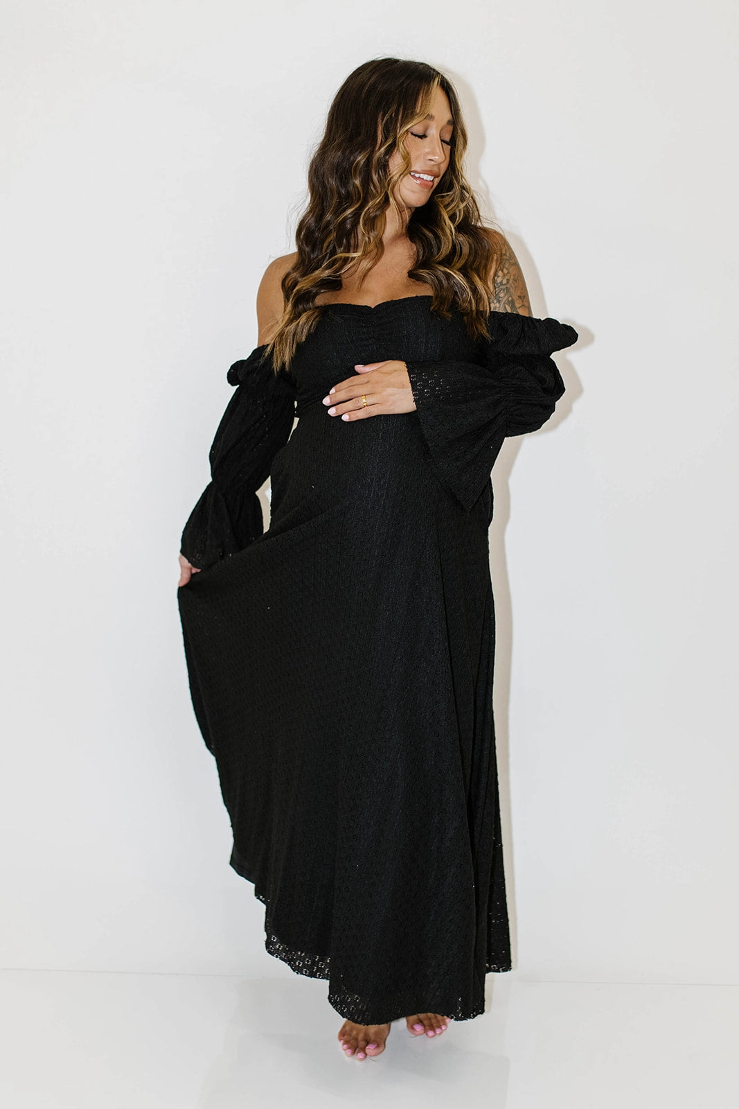 Corrine Tiered Sleeve Maxi Dress with Pockets in Black - Bump Friendly Contrasting Detail