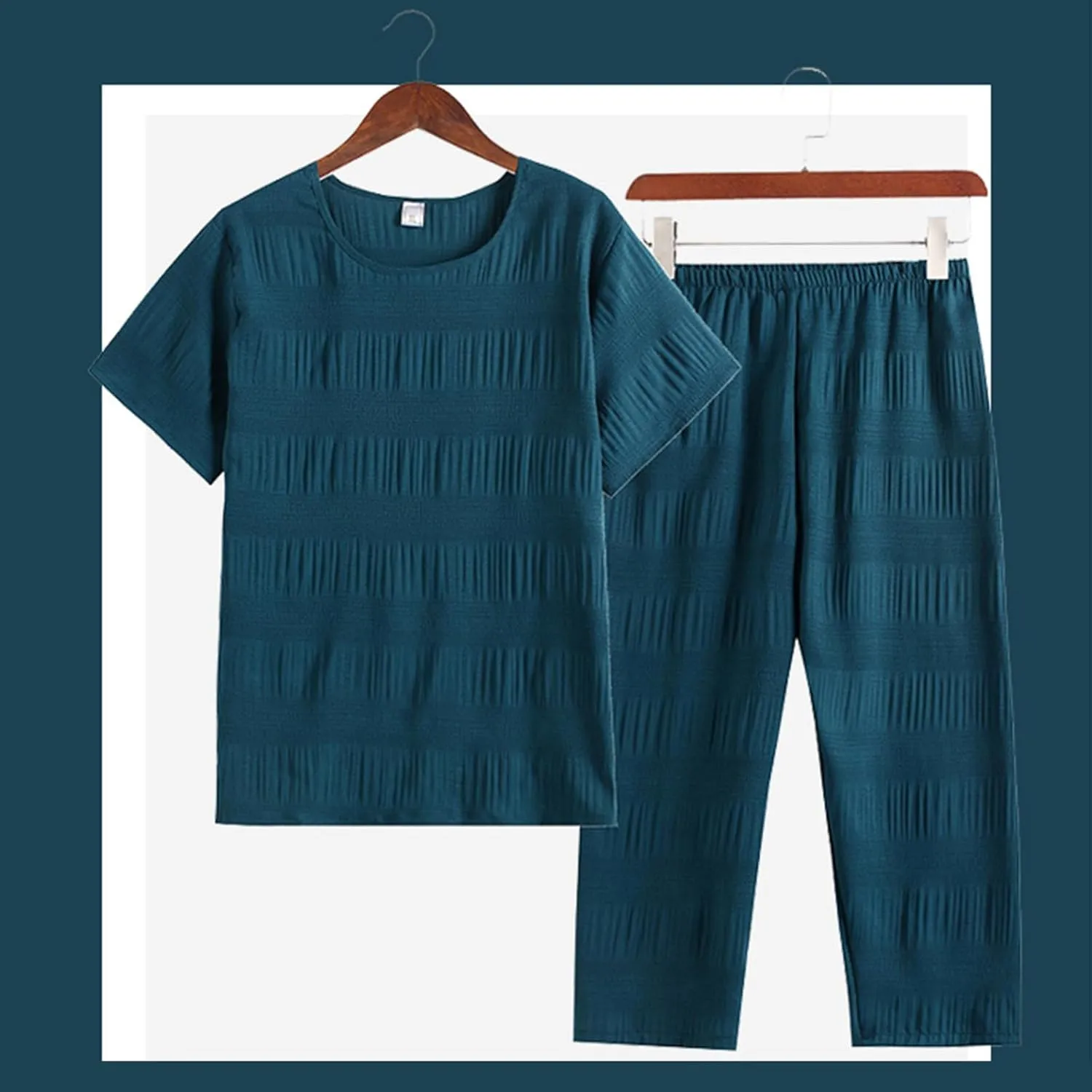 Cotton Linen Casual Pajamas Sets for Women Short Sleeve Crewneck Pullover Tee with High Waist Straight Jogger Pants
