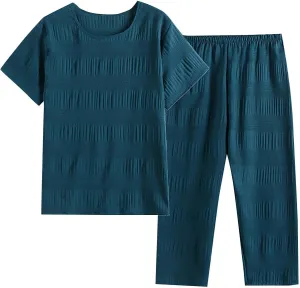 Cotton Linen Casual Pajamas Sets for Women Short Sleeve Crewneck Pullover Tee with High Waist Straight Jogger Pants