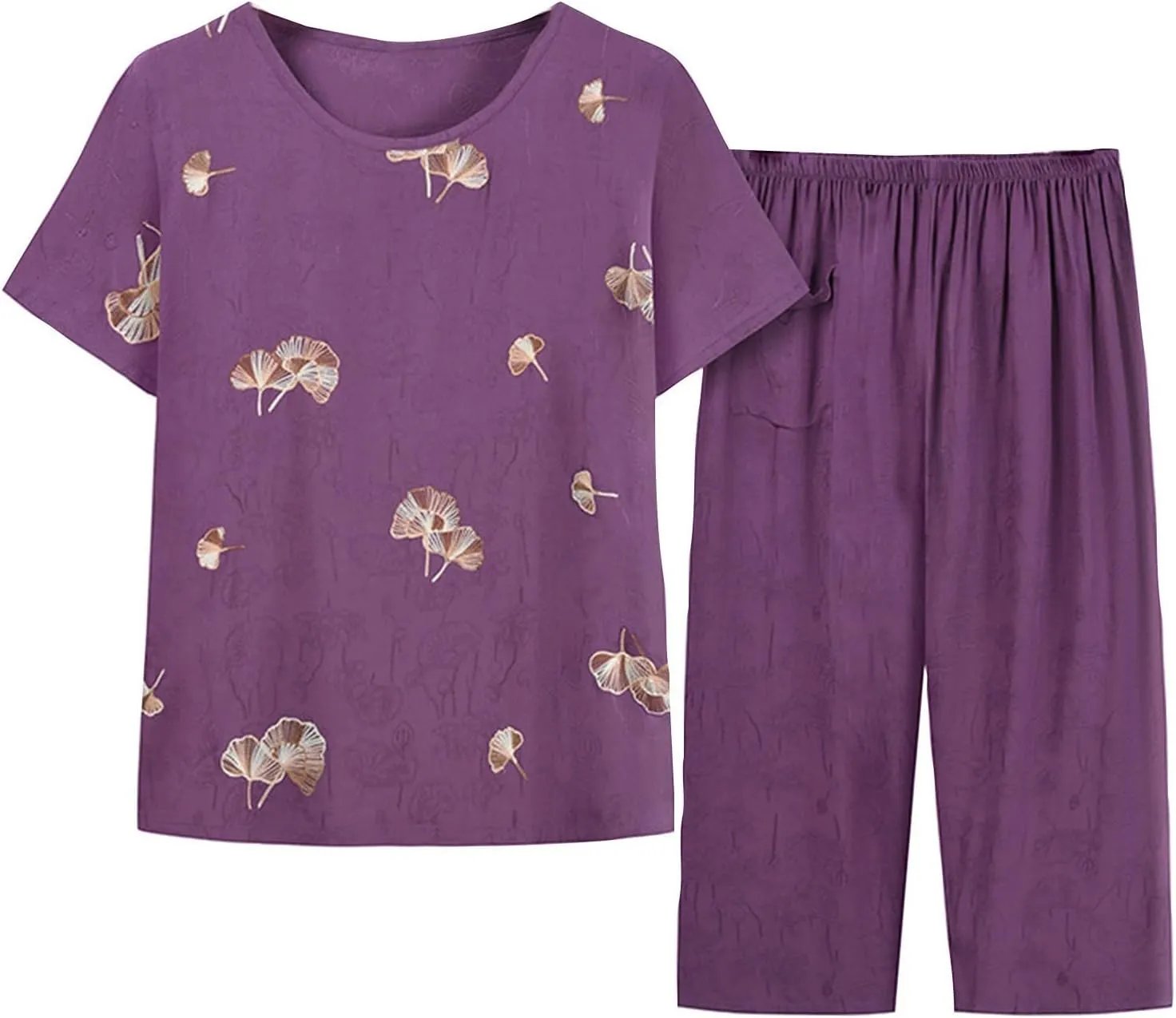 Cotton Linen Casual Print Pajamas Set for Women Short Sleeve Round Neck Cropped Top and Elastic Waist Straight Pant