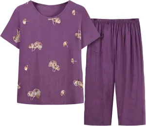 Cotton Linen Casual Print Pajamas Set for Women Short Sleeve Round Neck Cropped Top and Elastic Waist Straight Pant