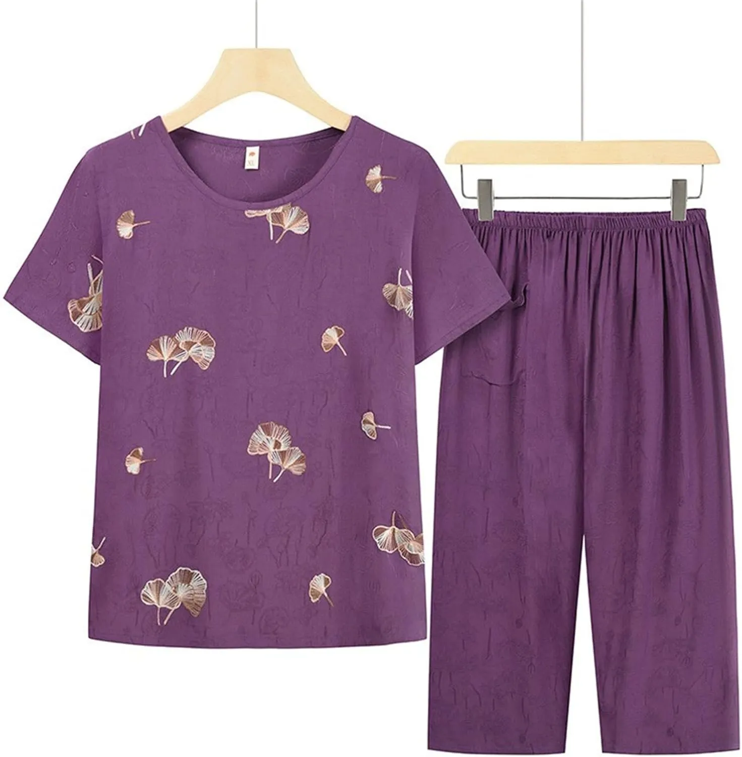 Cotton Linen Casual Print Pajamas Set for Women Short Sleeve Round Neck Cropped Top and Elastic Waist Straight Pant