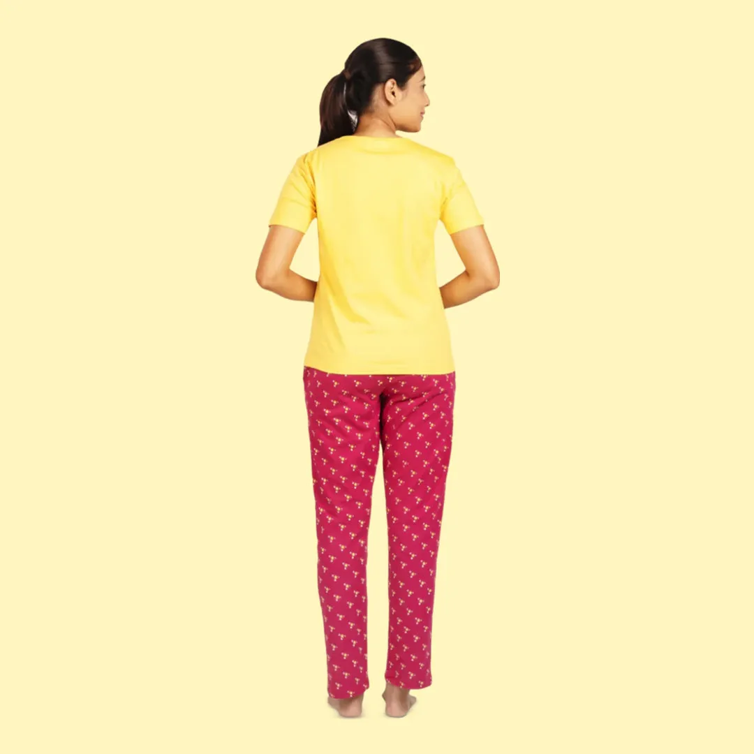 Cotton Night Suit Pajama Set - Yellow & Maroon